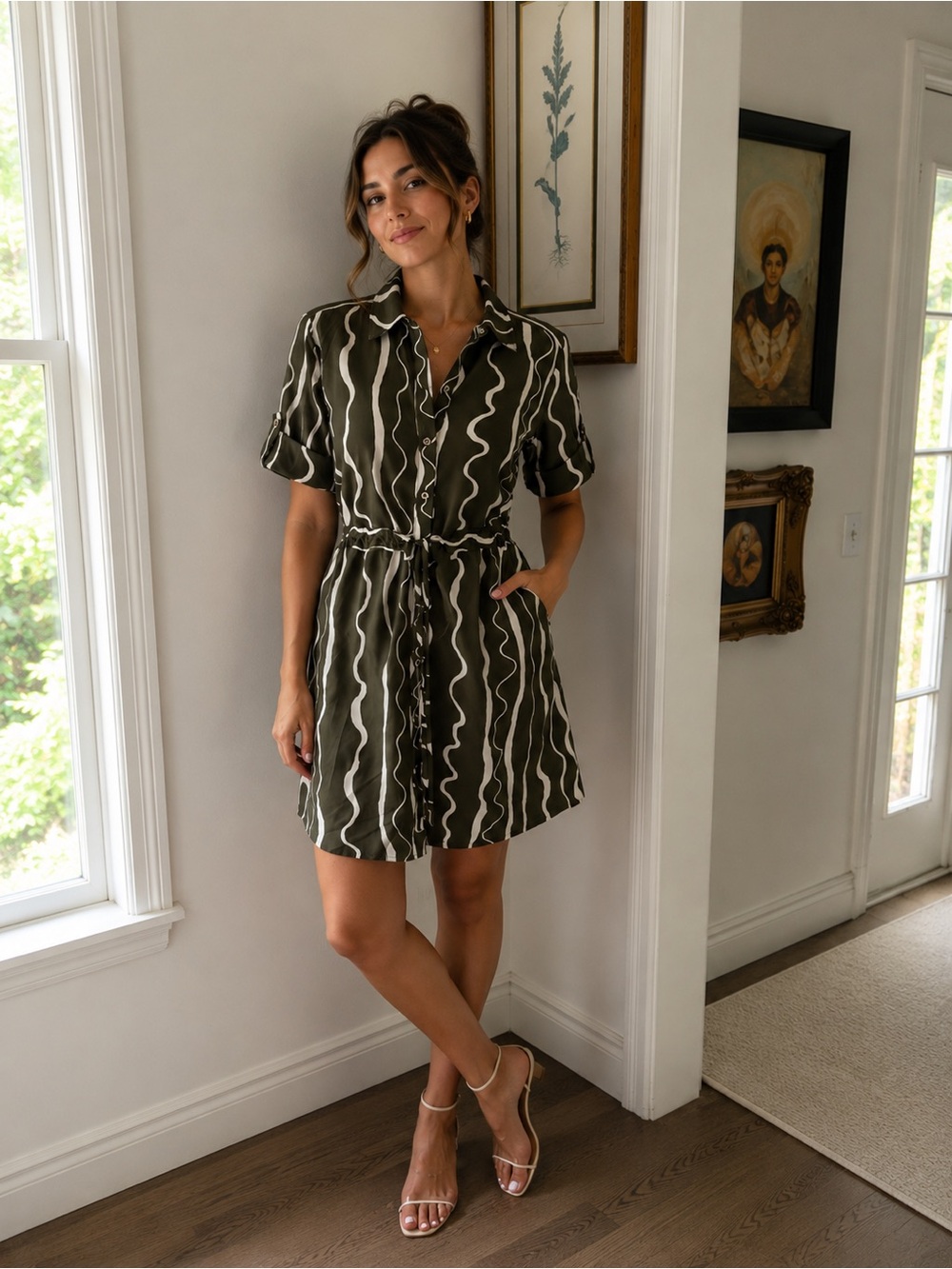 Halston Heritage Olive Green & White Wavy-Stripe Shirt Dress